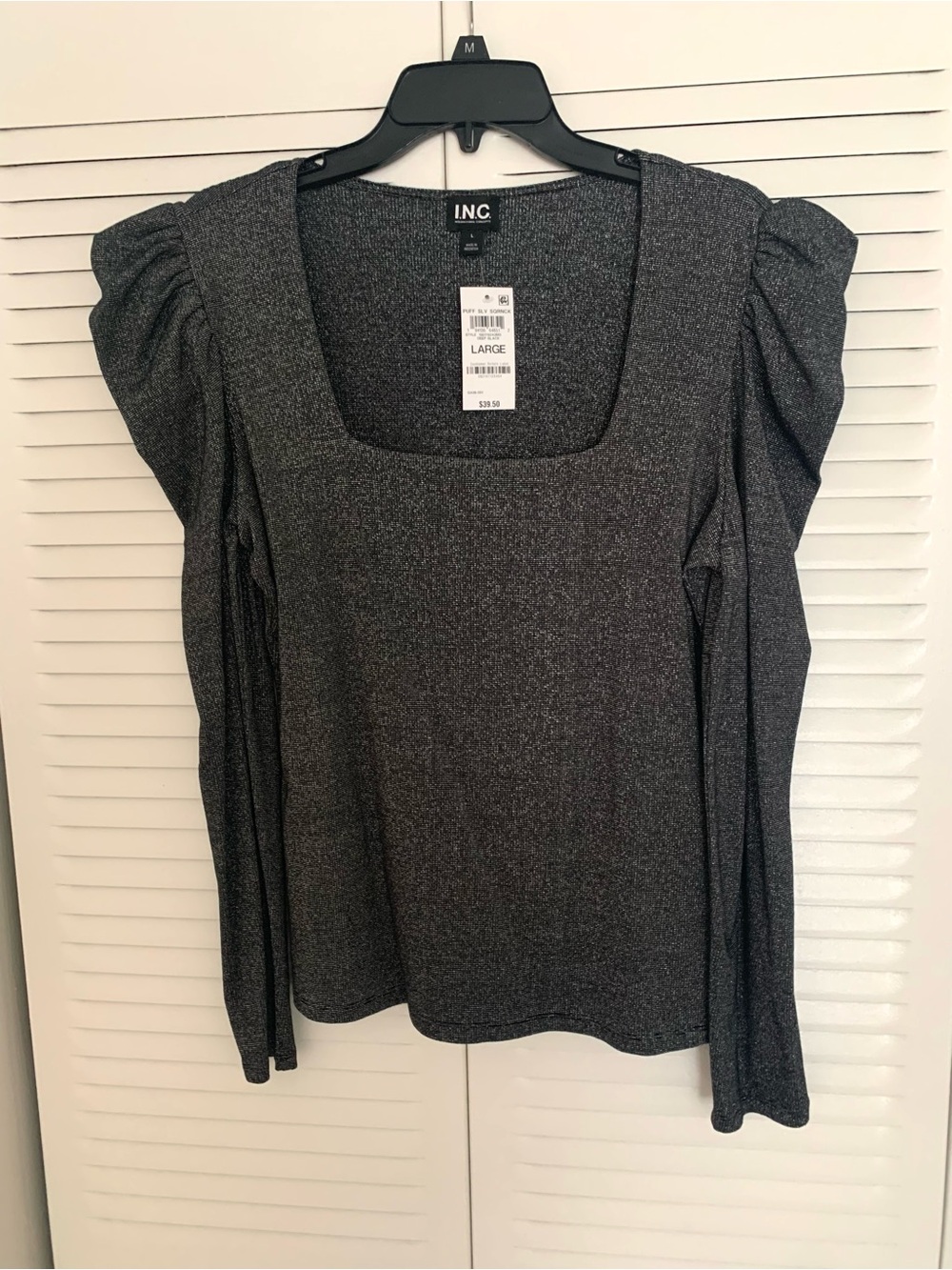 INC Sparkle Square-Neck Puff-Sleeve Top in Charcoal - Picture 4 of 9